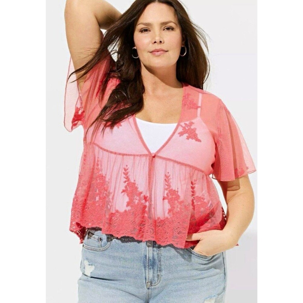 Torrid Embroidered Mesh Peplum Kimono Rouge Pink Red Sheer NWT 1X y2k style boho